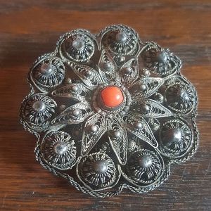 Antique Filigree Round Medallion Brooch Pin